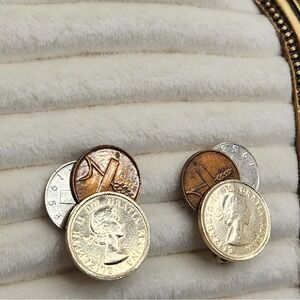 Vintage Coin Clip On Earrings Canadian Queen Elizabeth 1959 Mixed Metal Cluster